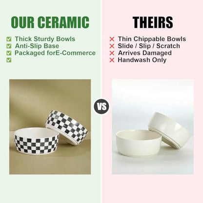 6.4 inch Ceramic Hand Painted Basic Dog Bowl Set of 2 with Anti-Skid Rubber Base, Food and Water Bowls for Small Pets,Black - color: Black