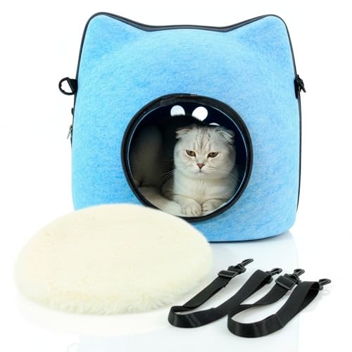 Cat Cave Bed for Indoor Cats – Felt Covered Hideaway with Cushion, Foldable Enclosed Pet House, Portable Cozy Cave Bed for Medium & Large Cats (Blue)