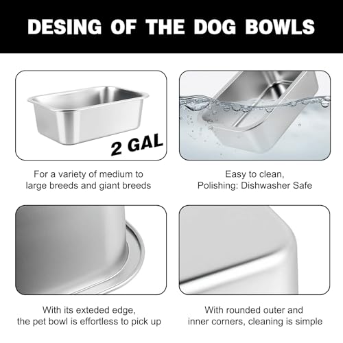 2 Gallon Elevated Large Dog Water Bowl, 4 Adjustable Height 10.5-15.8'' Raised Stainless Steel Bowl Stand with Anti-Slip Mat for Large Breed, Metal Dog Feeding Station for Relief Joint Pressure - size: 2 Gallon