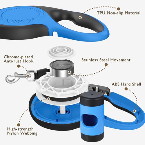 Retractable Dog Leash with Chew Proof Cable,26 ft Durable Dog Leash for Large Medium Dogs up to 110 lbs, 360° untangled, One-Handed Brake. (Blue) - color: Blue, size: 26ft