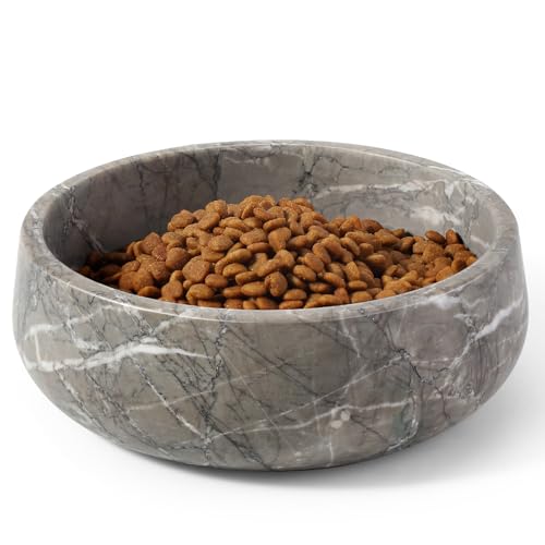 Karibiber Marble Dog Bowl, 5lbs Weighted Dog Food Bowl, Non-Slip Large Heavy Water Bowls, Grey Stone Food and Water Dish for Medium Dogs, Natural Marble, Easy to Clean, Holds 4 Cups - color: Deep Grey, size: S