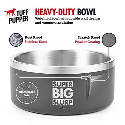 Tuff Pupper Heavy Duty Insulated Dog Bowl | Double Wall Stainless Steel Dog Food Dish | Non-Slip Spill Proof Dishwasher Safe Cat Bowl | Water Dish for Feeding Large Medium Small Pets (44oz, Grey) - color: Cool Grey, size: 44oz