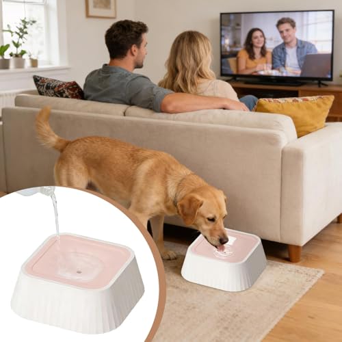 Spill Proof Dog Water Bowl 37oz, Large Capacity No Drip Pet Dispenser with Non-Slip Base, Slow Water Bowl for Dogs Puppies Indoor Outdoor Use, 22x22x8cm - color: Pink