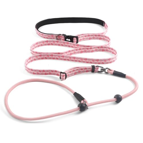QQPETS Adjustable Slip Lead Dog Leash, Hands Free Waist Leash for Dog Walking, Reflective Training Lead with 360° Swivel Anti-Tangle, 4-7 ft Length for All Breeds - color: Pink Heart
