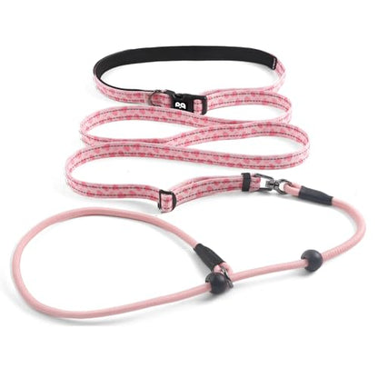 QQPETS Adjustable Slip Lead Dog Leash, Hands Free Waist Leash for Dog Walking, Reflective Training Lead with 360° Swivel Anti-Tangle, 4-7 ft Length for All Breeds - color: Pink Heart