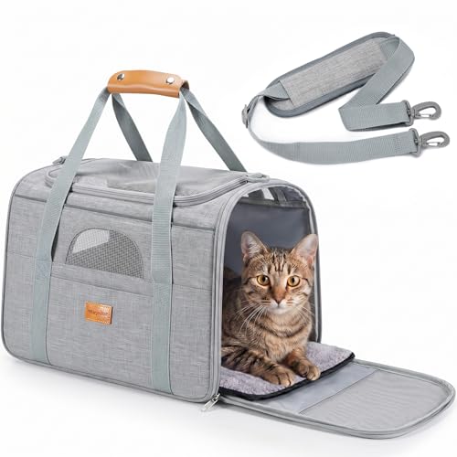 Morpilot Airline Approved Cat Carrier, 16.5" x11" x11" Soft-Sided Pet Travel Carrie with 4-Sided Mesh Ventilation for Cats & Puppies up to 15lbs (Light Gray) - color: Light Gray, size: 16.5"L x 11.0"W x 11.0"H