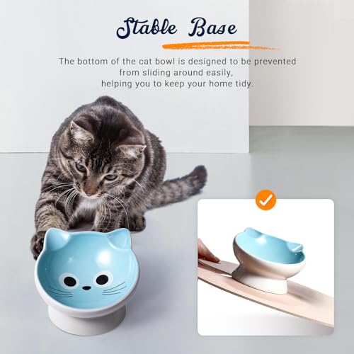 Raised Ceramic Cat Food Bowl - 15 Tilted, Spine Protection, Anti-Vomiting, Backflow Prevention for Adult Cats, Kittens, and Small Dogs (Blue Face) - color: blue white
