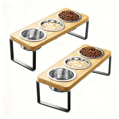 2 Pack Elevated Cat Bowls with 3 Stainless Steel Bowls | 10° Tilted Anti-Vomiting Raised Cat Food Bowl for Small Cats and Puppies Pet Bowl with Stand - color: Bamboo 2 PACK