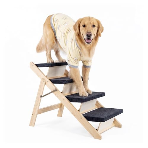 MEWANG Wood Pet Stairs & Ramp for Small/Medium Dogs & Cats, Aging Pets – 2-in-1 Foldable, Portable, Non-Slip Pet Ladder for Tall Beds, Couches, Cars – Holds Up to 220 lbs (31.5" L x 17.2" W x 25.0" H) - color: 4 Steps – For Standard & High Beds (23–31 in)
