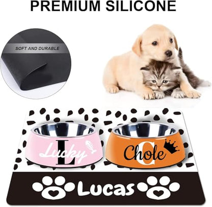 Personalized Dog & Cat Food Mat with Name | Waterproof PU Pet Bowl Mat | Non-Slip Rubber Bottom | Easy Clean | 3 Sizes (24"×16", 30"×20", 36"×24") | (Black paw Prints) - color: Black paw prints