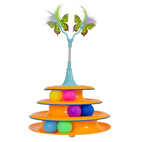 Catstages 2-in-1 Bouncy Flutter Bug Spring Cat Toy – Interactive Standalone or Ball Track Add-On, Blue - color: Hunt & Swat - Feathers & Butterflies