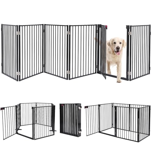 Metal Freestanding Dog Gates with Door,Extra Wide 24", 32" Height Foldable Dog Fence for Indoor & Outdoor, Heavy Duty Freestanding Pet Barrier for Stairs, Doorways, Halls, Kitchen,Yard,Christmas Tree - color: Black, size: 6 Panels 32''H*144''W(with Door)