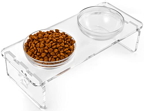 Elevated Dog & Cat Bowls – 3.75” Acrylic Raised Pet Feeder Stand with 2 Stainless Steel & 2 Glass Bowls – Food & Water Dish Set for Puppy/Small Dogs & Cats - size: Small Dogs & Cats-3.75" Height