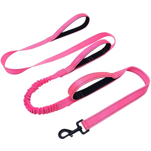 WYuZe 3 Handle Dog Leash for Medium Large Dogs 7FT Bungee Traffic Dog Leash | Reflective Heavy Duty Nylon Training Leash Shock Absorbing Triple Padded Handle No Pull Control Walking (7FT, Pink) - color: Pink