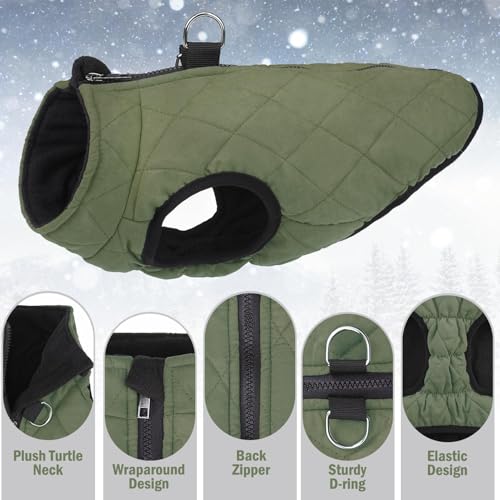 SCENEREAL Winter Dog Vest Coat with Harness Built In, Warm Puppy Jacket for Small Medium Dogs, Cold Weather Coat with Zipper, Fleece Puffer Vest Windproof Snow Clothes - color: #1 Olive-Matte, size: L(Chest 19")-Regular