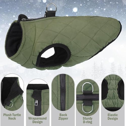 SCENEREAL Winter Dog Vest Coat with Harness Built In, Warm Puppy Jacket for Small Medium Dogs, Cold Weather Coat with Zipper, Fleece Puffer Vest Windproof Snow Clothes - color: #1 Olive-Matte, size: L(Chest 19")-Regular