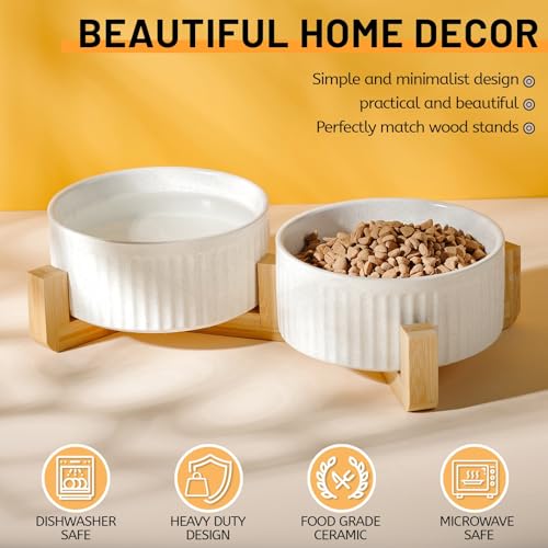 Non-Slip Ceramic Dog Bowls with Wooden Stand,8" Dog Food and Water Bowl Set with Silicone Base, 64 OZ/8 Cups Weighted Flip-Proof Pet Feeding Bowl for Small Dogs and Cats (Large,White) - color: Wood Stand, size: 8 Cups