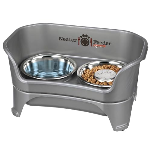 Neater Feeder - Express Model w/ Slow Feed Bowl - Mess-Proof Dog Bowls (M/L, Grey) Made in USA – Elevated, No Spill, Non-Tip, Non-Slip, Raised Stainless Steel Food/Water Pet Bowls Aid Digestion - color: Gunmetal Grey, size: Medium to Large w/ Metal Slow F