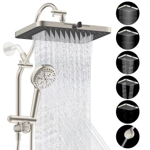 Hibbent cUPC Certified 13'' Shower Head Combo, High Pressure 5 Spray Rainfall Showerhead, 10 Spray Handheld, All Metal Easy Reach 4-way Diverter Arm with Pause Mode, 71'' Hose & Holder, Brushed Nickel - color: Brushed Nickel, style: Square 13"