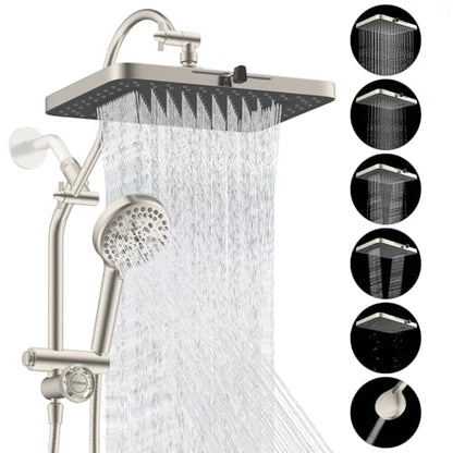 Hibbent cUPC Certified 13'' Shower Head Combo, High Pressure 5 Spray Rainfall Showerhead, 10 Spray Handheld, All Metal Easy Reach 4-way Diverter Arm with Pause Mode, 71'' Hose & Holder, Brushed Nickel - color: Brushed Nickel, style: Square 13"