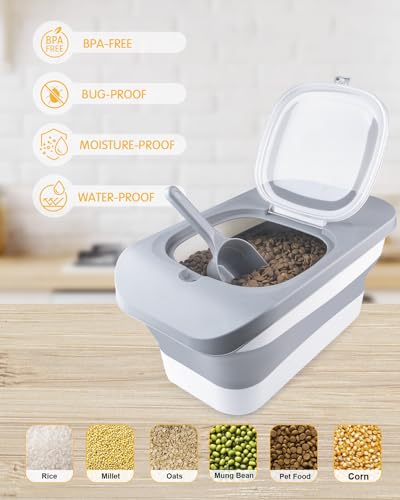 HOYTAMDAR 13 Lbs Dog Food Container, Collapsible Dog Food Storage Container with Airtight Lid, Cat Food Storage container Dry Food for Pets, Rice, Cereal, Silicone Pet Bowl and Dog Food Scoop - color: Grey1-13lbs