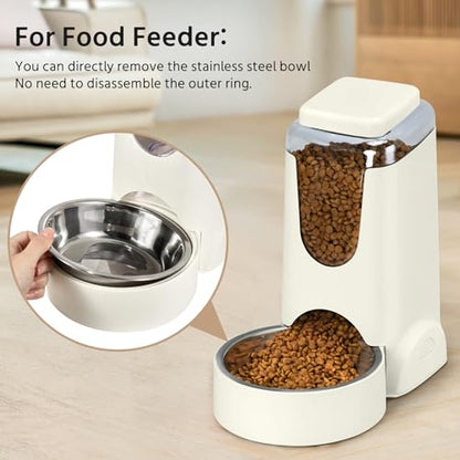 2 Pack Automatic Cat Feeder and Stainless Steel Water Dispenser, Gravity Dog Waterer Set Food Feeder and Waterer Set for Small Medium Kitten Puppy Pets (1 Gallon x 2, Ivory White) - color: 1 Gallon x 2 - Ivory White