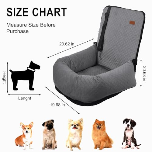 Dog Car Seat for Small Medium Dogs Up to 40lbs, Detachable Washable Soft Pet Booster Travel Bed for Front & Gray Seat with Safety Leash Belt - color: Gray