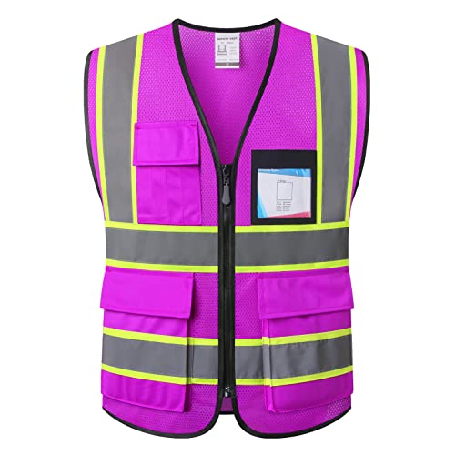 Reflective Safety Vest for Men Women Hi Vis Vest with 8 Pockets High Visibility Mesh Reflective Vest Meets ANSI/ISEA Standards (Purple-07, Medium) - color: Purple, size: Medium