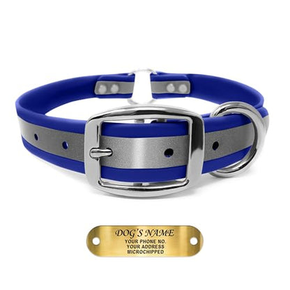 Regal Dog Products Medium Blue Reflective Dog Collar with Custom Engraved Name Plate and Heavy Duty Center Ring | Waterproof Biothane Personalized Dog Collars - Other Sizes for Small & Large Dogs - color: Blue, size: Medium