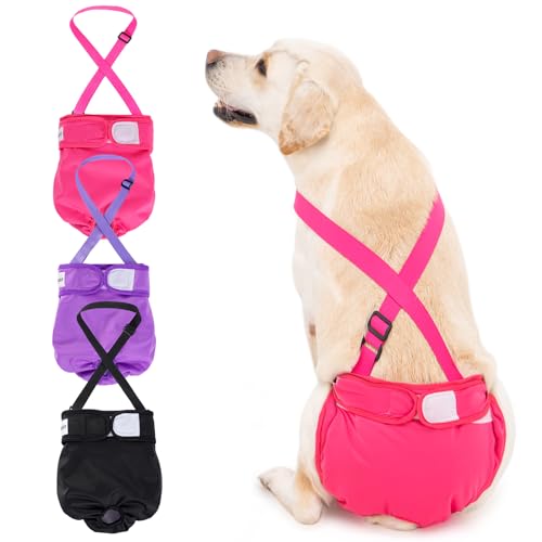 3 Pack Avont Washable Female Dog Diaper with Suspender, Reusable Girl Doggie Diapers for Small Medium Large Doggy in Heat Cycle Period Incontinence -L - color: Black/Pink/Purple, size: L