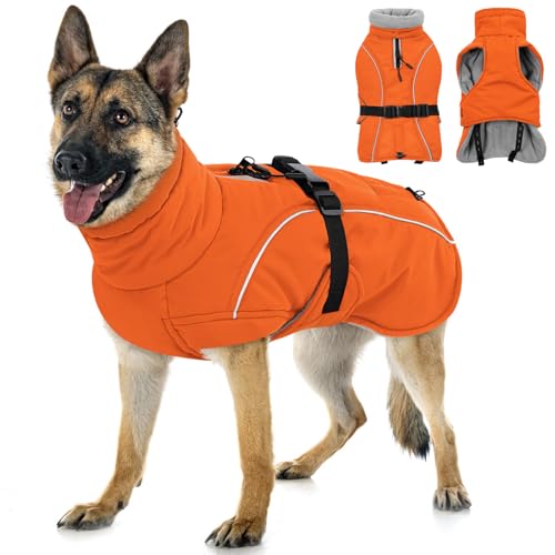 Queenmore Winter Dog Coat Warm Dog Jacket Vest Waterproof Puffer Fleece Snowsuit Adjustable Buckle Leash Hole Reflective Cold Weather Parka for Small Medium Large Dogs Girl Boy Orange XL - color: Orange, size: X-Large