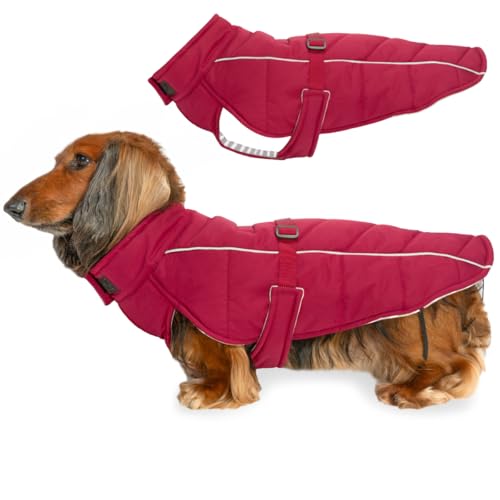 DJANGO Insulated Winter Dog Coat – Warm, Water-Repellent Puffer Jacket for Small Dogs, Dachshunds & Puppies – Adjustable, Reflective Cold-Weather Dog Coat with Harness Hole – Firelight Red, Small - color: Firelight Red, size: Small