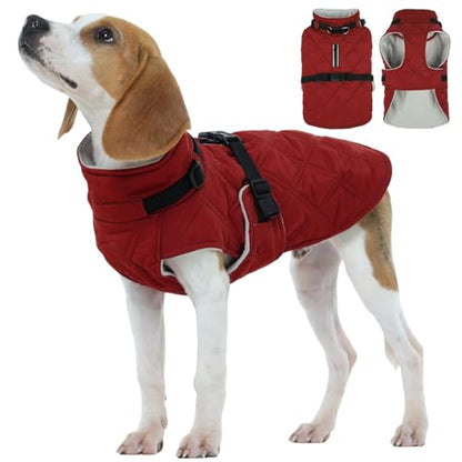 Kuoser Dog Coat Warm Fleece Lining Turtleneck Dog Jacket with Harness Built-in, Adjustable Windproof Cold Weather Coats with Quick Release Buckle Pet Winter Snowsuit for Small Medium Dogs, Red M - color: Red, size: Medium (Chest Girth: 20.8")