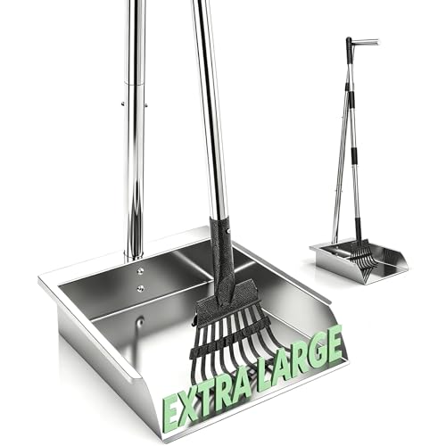 Metal Dog Pooper Scooper with Long Handle Rake and Tray Set for Large Dogs. | Heavy Duty Stainless Steel poop scooper for dogs Suitable for Yard, Garage ，Grass, Dirt & Gravel and Multi-Dog Families