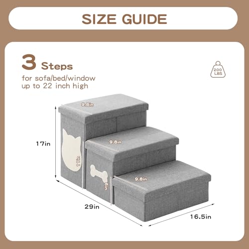 3-Step Wider Dog Steps for Bed 17" H, Foldable Dog Stairs with Storage, Non-Slip Pet Steps for Small Medium Large Dogs, Arthritis-Friendly Pet Stairs for Couch and Car Up to 200 lbs, Grey - size: 3-Step