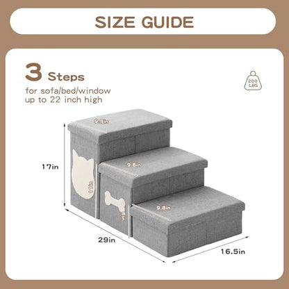 3-Step Wider Dog Steps for Bed 17" H, Foldable Dog Stairs with Storage, Non-Slip Pet Steps for Small Medium Large Dogs, Arthritis-Friendly Pet Stairs for Couch and Car Up to 200 lbs, Grey - size: 3-Step