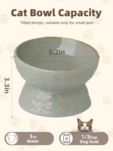 GDCZ Ceramic Tilted Elevated Cat Bowl, for Fat Faced Cat, Kitten (Grey) | 15° Tilted Elevated Design,5oz Small Meal Capacity,Chin-Friendly Ceramic,Paw Print - color: Grey