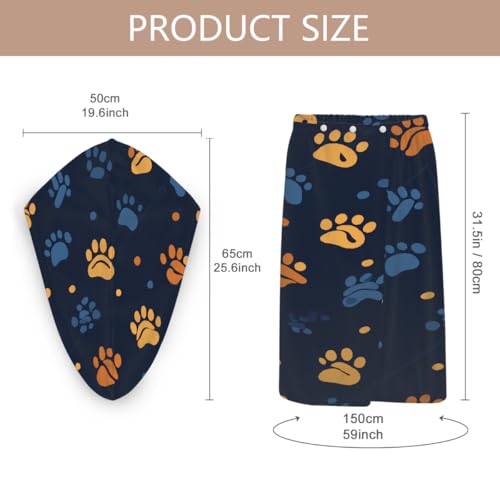 Dog Paw Orange Blue Microfiber Bathrobe and Hair Towel Wrap Set for Women Quick Dry Shower Towels Wrap Absorbent Soft Bath Robe and Hair Drying Cap for Spa After Shower