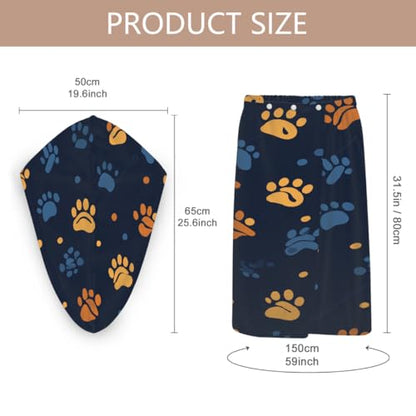 Dog Paw Orange Blue Microfiber Bathrobe and Hair Towel Wrap Set for Women Quick Dry Shower Towels Wrap Absorbent Soft Bath Robe and Hair Drying Cap for Spa After Shower