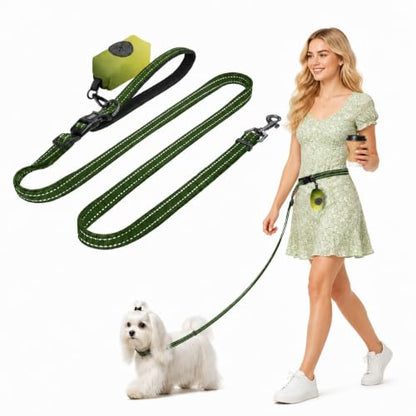 Kazazoo Hands-Free Dog Leash with Poop Bag Holder, Adjustable 4-7 Ft Waist for Dog Walking, Running for Small Dogs with Reflective Strips, Nylon Waist Belt, Green - color: Green