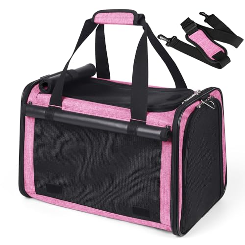 YUDODO 25 lbs Lightproof Soft Sided Pink Pet Carrier for Large Cat & Small Dog Airline Approved Travel Bag Puppy Carriers with Side Pockets & Reflective Mesh, Foldable Portable for Outdoor Car - color: Pink