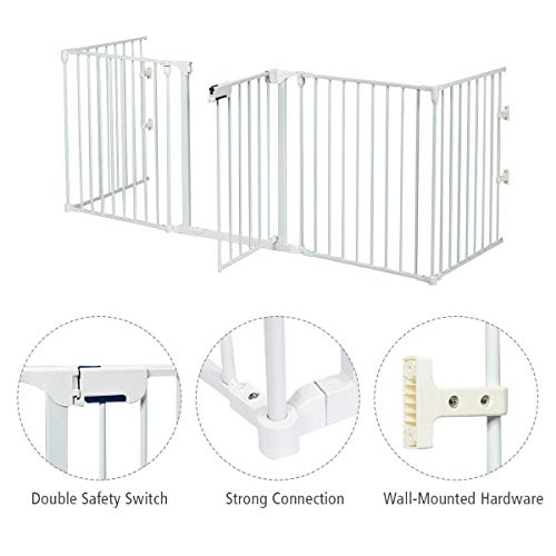 Costzon Baby Safety Gate, 121 Inch Length 5 Panel Adjustable Wide Fireplace Fence, BBQ Metal Fire Screen Gate, Pet Isolation Fence with Walk-Through Door, Freestanding Pets Gate - color: White, size: 5-Panel