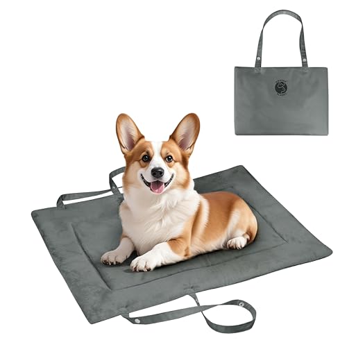 Kritter Planet Waterproof Foldable Dog Bed Pad for Camping & Travel, Portable Roll-Up Dog Bed Car Seat Pet Cushion Mat with Handles for Small & Medium Dogs, Indoor & Outdoor Use - color: Grey, size: 31"x24"