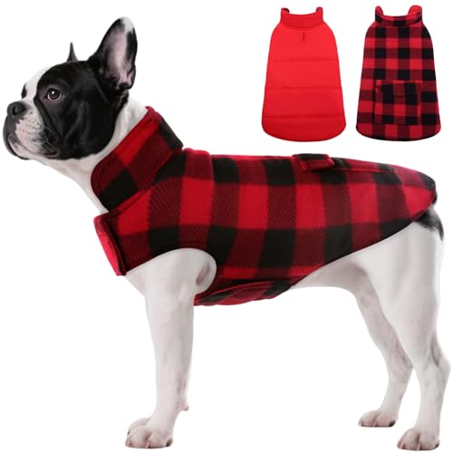 ASENKU Dog Winter Coat, Fleece Doggie Jacket Plaid Reversible Vest Waterproof Windproof Cold Weather Clothes for Small Medium Large Dogs(XS, Red) - color: Red, size: X-Small