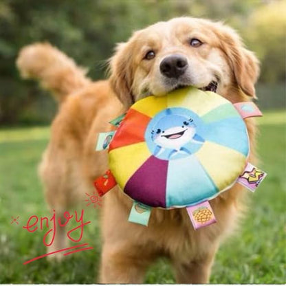 Stuffed Colorful Plush Flying Disc Dog Toy Soft Squeaky Aggressive Chewer Puppy Teething Chew Toy for Small Big Large Dogs (Shark)