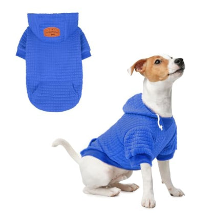 BEAUTYZOO Small Dog Hoodie Sweater with Pockets, Dog Clothes for Small Medium Dogs Boy Girl, Waffle-Like Laminated Cotton Pet Coats with Hat and Leash Hole, Blue S - color: Blue, size: S (Back: 12",Chest: 16", Neck: 10")