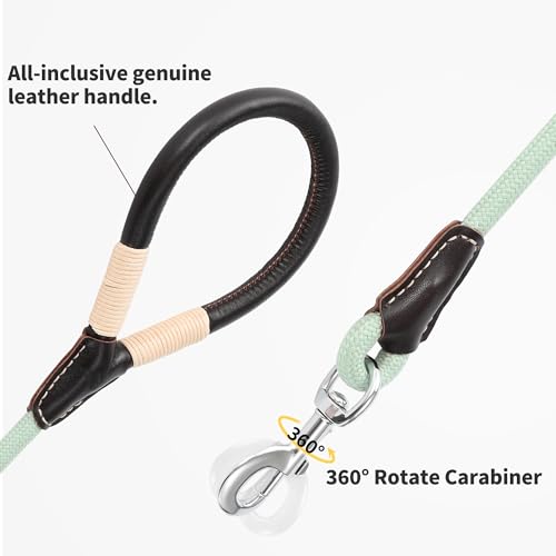 Mile High Life Dog Leash, Rope Leash with Genuine Leather Connection and Heavy Duty Metal Clasp, Great for Small Medium Large Dogs(Green,48 Inch) - color: Leather Handle-Light Green, size: 48 Inch-1/2"