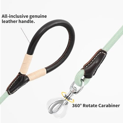 Mile High Life Dog Leash, Rope Leash with Genuine Leather Connection and Heavy Duty Metal Clasp, Great for Small Medium Large Dogs(Green,48 Inch) - color: Leather Handle-Light Green, size: 48 Inch-1/2"