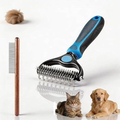 2-In-1Pet Hair Brush - Double-Sided Deshedding Dematting Tool, Undercoat Rake for Dogs & Cats, Extra-Wide Dog Grooming Brush & Deshedder Comb for Long Hair (Blue)