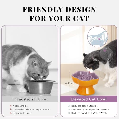 S&Q's Ceramics Raised Slow Feeder Cat Bowl, Ceramic Elevated Food Bowl Small Dogs Slow Feeder, Flower Shaped Cute Pet Dish for Dry and Wet Food (Purple, 5.8") - color: Purple